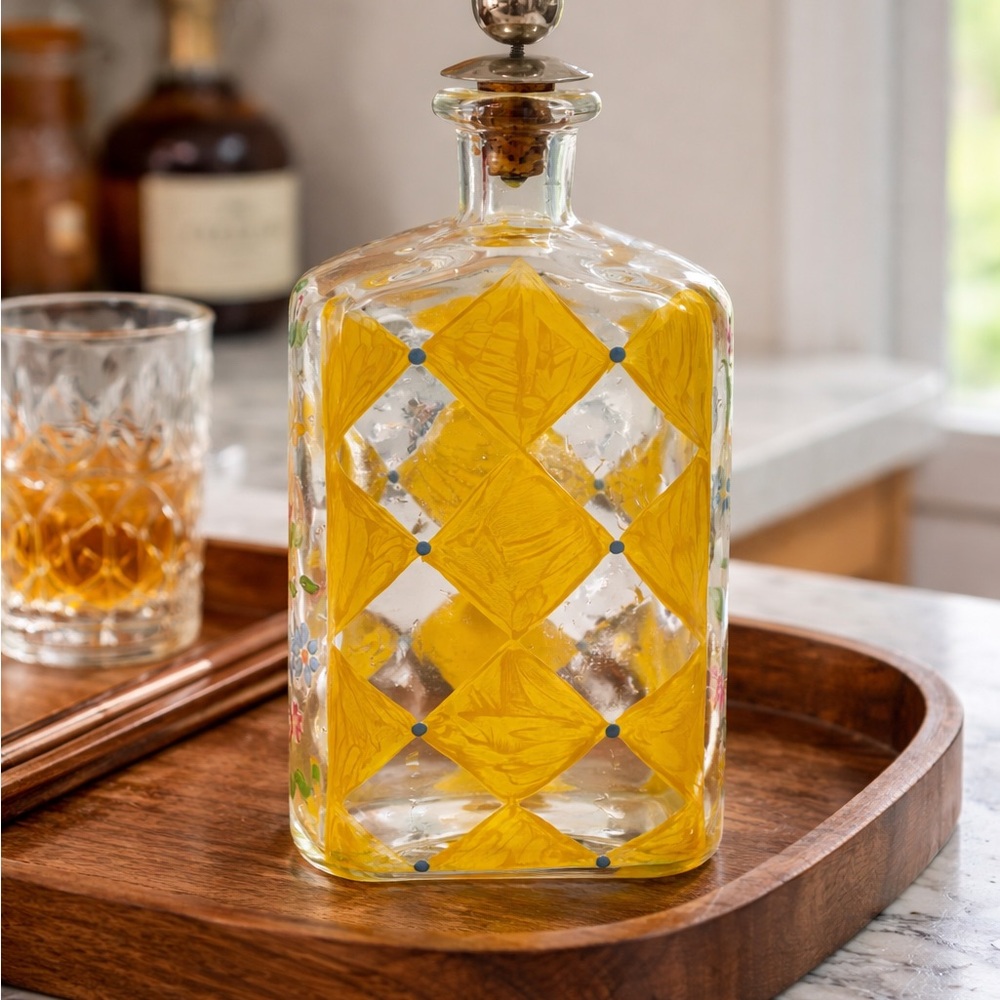 Vintage Hand-Painted Thick Glass Decanter Yellow Harlequin Floral Stopper